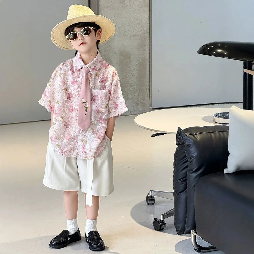 Boys Floral Outfit Kids Short Sleeve Shirt with Tie Shorts Toddler Boy Summer Party Gentleman Fashion Children Casual Wear 10 Y