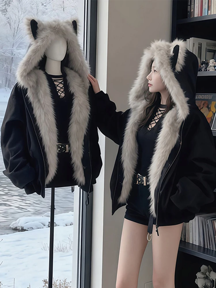 

Thiened Cotton Jaet with Ears Hood for Men And Women Retro American Sle Winter Coat with Fur Collar Stand Fit