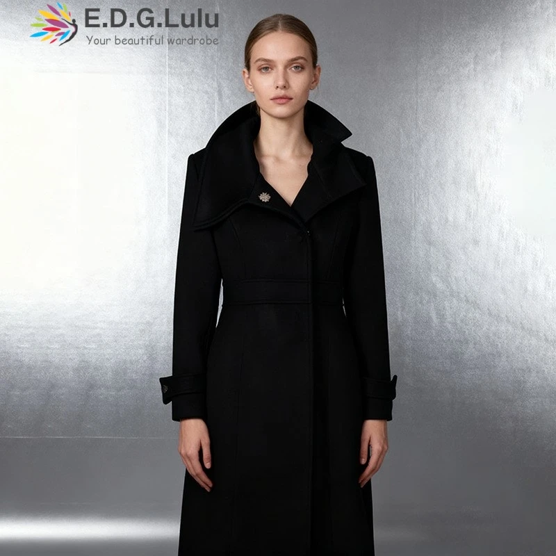 EDGLuLu  2025 Winter Turn-Down Collar Single Breasted Woolen Jacket Woman Long Sleeved Black Long Windbreaker Jacket 1226
