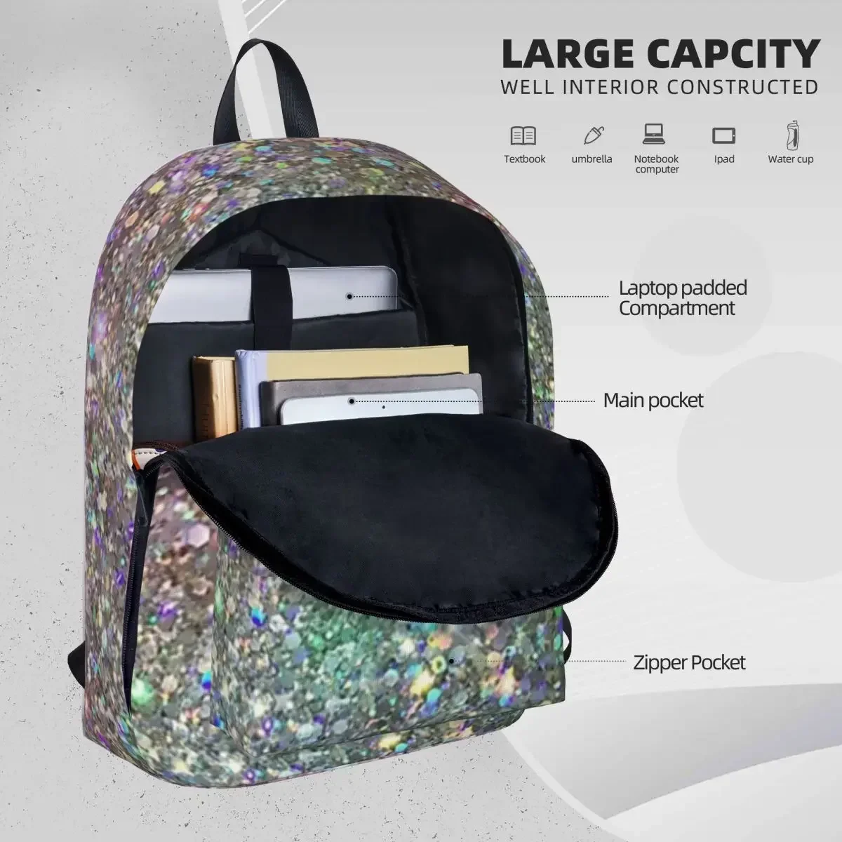 Rainbow Mixed Glitter Digital Art NOT REAL GLITTER Woman Backpacks Boys Girls Bookbag Fashion Children School Bags Portability