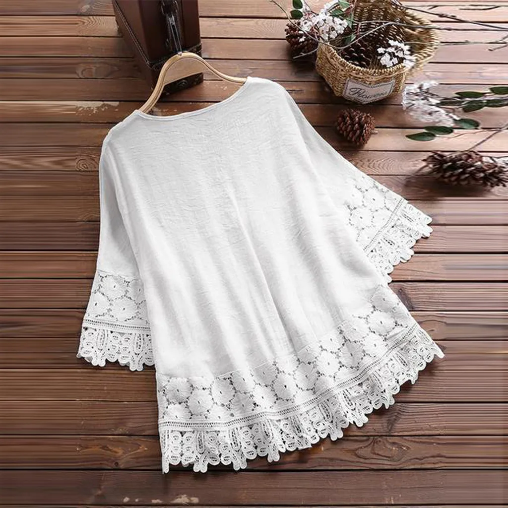 Blusa de algodón Ethinic Mori para mujer, ropa Retro de retazos de encaje, Túnica plisada con flores, cuello en V sólido, camisas de manga 3/4