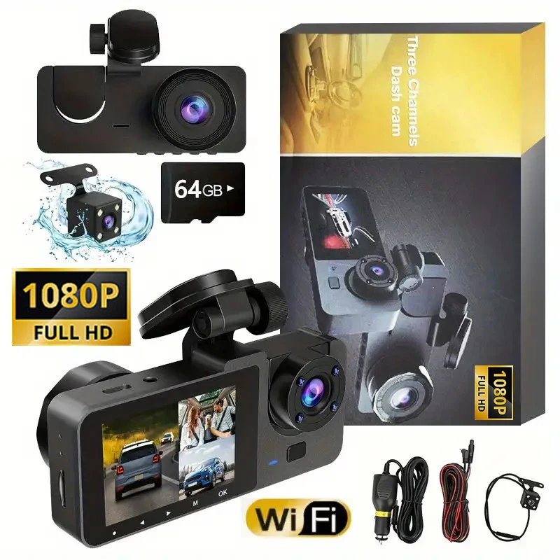 كاميرا داش 3 قنوات، كاميرا سيارة أمامية وخلفية 1080 بكسل FHD، تحكم في تطبيق WiFi، رؤية ليلية، وضع ركن السيارة، بطاقة 64 جيجا مجانية