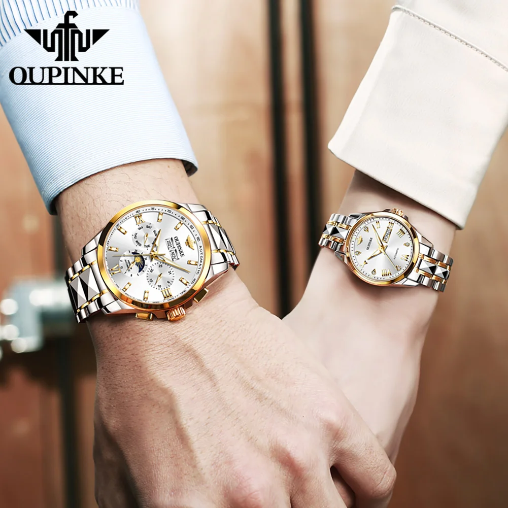 OUPIKE Couple Watch Luxury Men Women All Automatic Mechanical Watch Sapphire Mirror Roman Scale Moonphase Watch Gift Preferred
