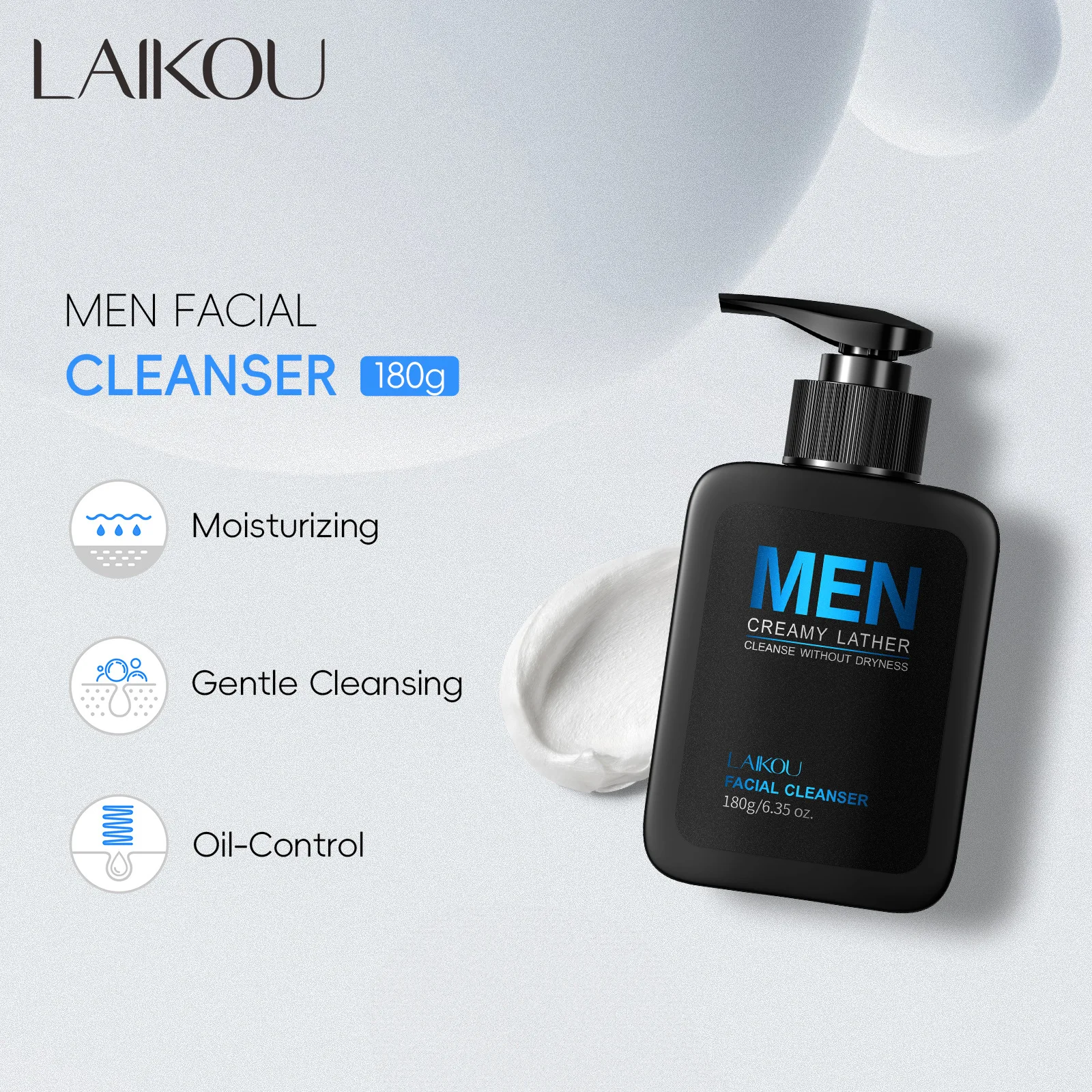 

LAIKOU Men Face Wash 180g Large Capacity, Deep Moisturizing Hydrating Facial Cleanser for Men, Daily Use Gentle Foam Wash