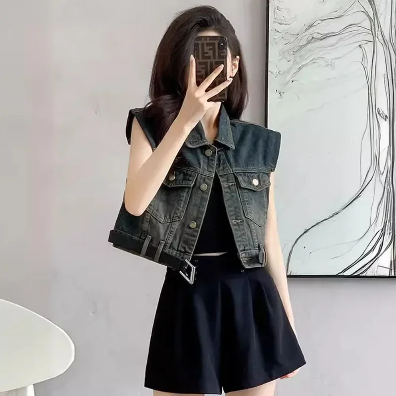 

2025 новый дизайн, однотонный джинсовый жилет для женщин, летний свободный камзол с рукавами, короткая женская одежда