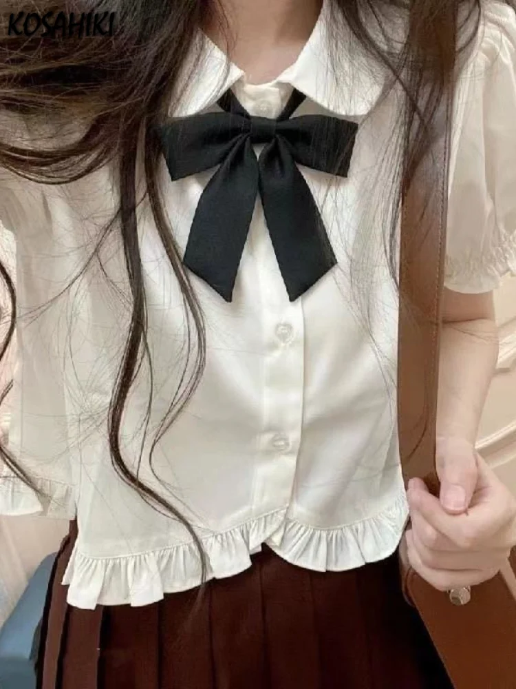 Summer Peter Pan Collar Sweet Womens Blouse Y2k Aesthetic Short Sleeve Bow Blusas Japanese Ruffled Pleated Fairy Fashion Shirt