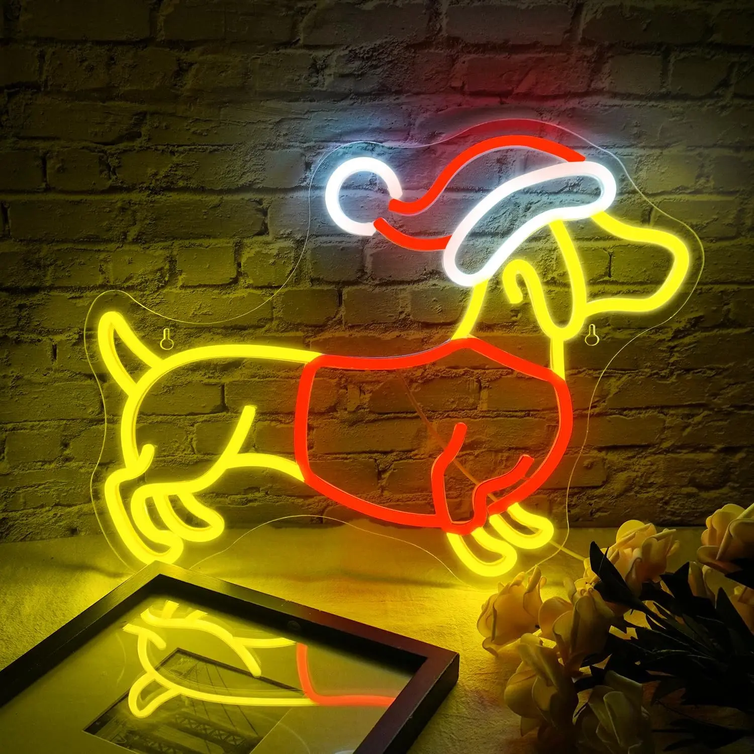 عيد الميلاد الألماني النيون تسجيل ل جدار ديكور لطيف جرو مع قبعة سانتا مصباح ليد تسجيل لمتجر الحيوانات الأليفة غرفة نوم الاطفال المنزل عيد الميلاد P