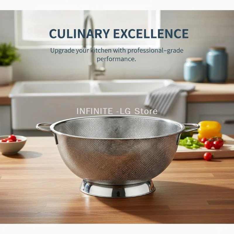 

Stainless Steel Colander With Double Handle Food Pasta Strainer Basket With Self-draining Solid Ring Base Fine Mesh Filter