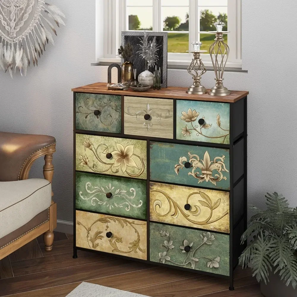 Nursery Entryway Hall Tree TV Stand for Living Room Retro Floral Pattern Drawers Wooden Top (9 Drawers) Dresser Kommoden Mirrors