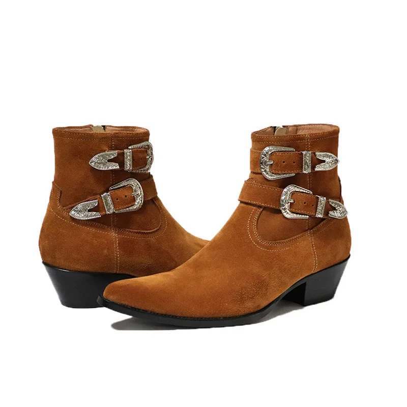 

Chelsea Boots Men Pointed Leather Ankle Boots with Buckle High-heeled Fashionable Personalized Men Boots