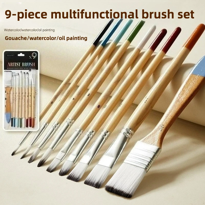 9-teiliges Ölreinigungsbürsten-Set mit gemischten Nylonborsten, Kunststudenten-Malpinsel mit kurzem Holzgriff für große Flächen, Aquarell- und Pudermalbedarf