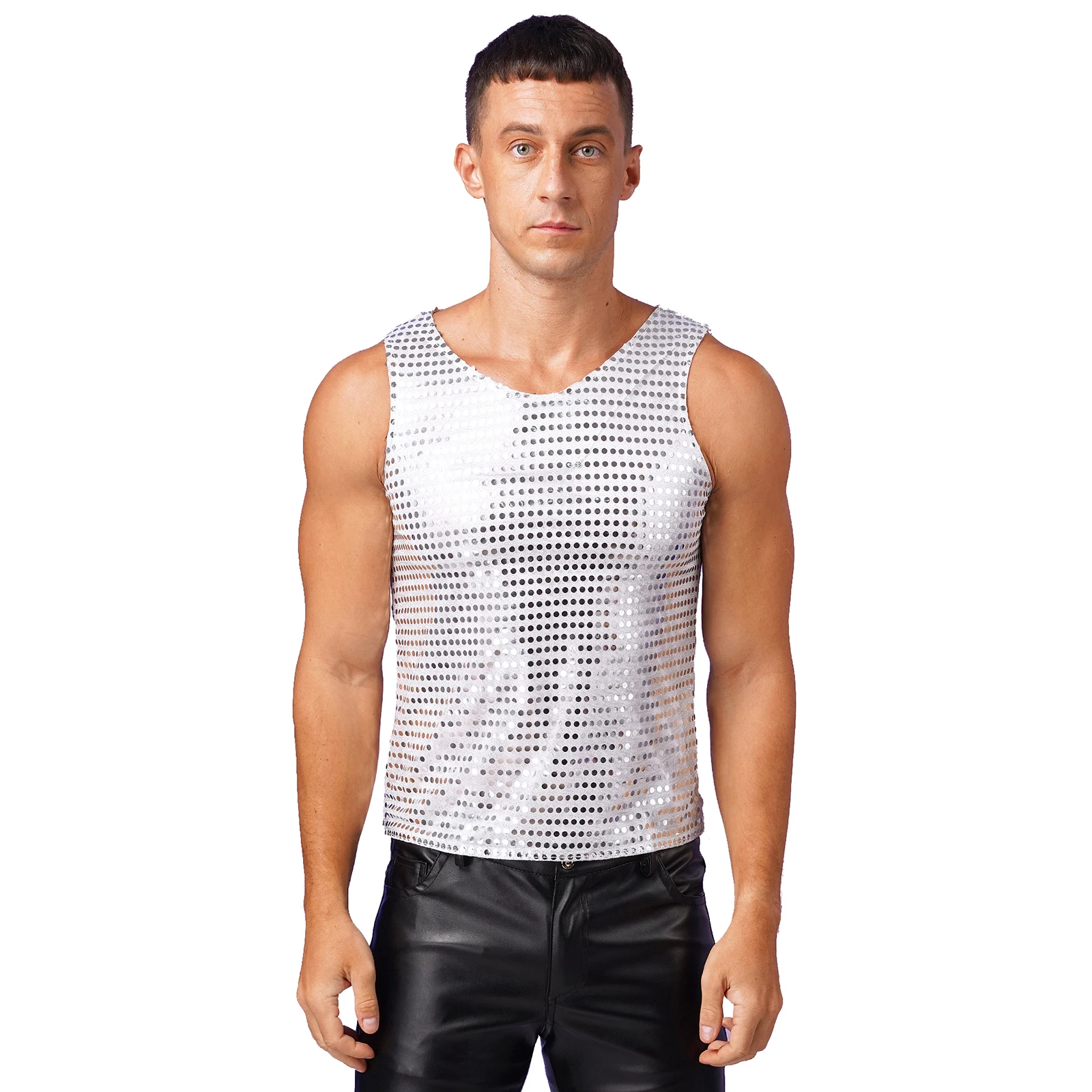 Mens Sparkle Sequin Tank Tops Nightclub Carnivals Festivals Rave Outfit Party Clubwear Hip Hop Jazz Dance Performance Costume