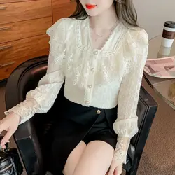 Lace Shirt Women's New Lace Shirt Chiffon Shirt Stylish Women's Top Cover Belly and Look Thin Women's Small Shirt