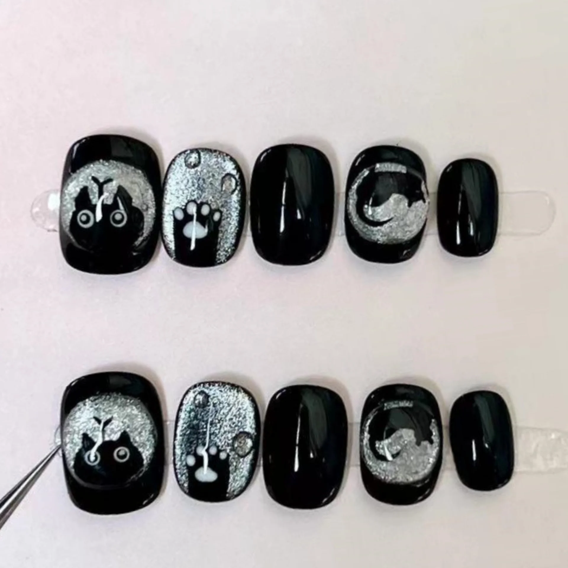 10개 블루 캣츠아이 수제 인조 손톱 아트 완성형 오로라 짧은 스퀘어 라운드 페이크 네일 팁 행성 디자인 프레스온 네일