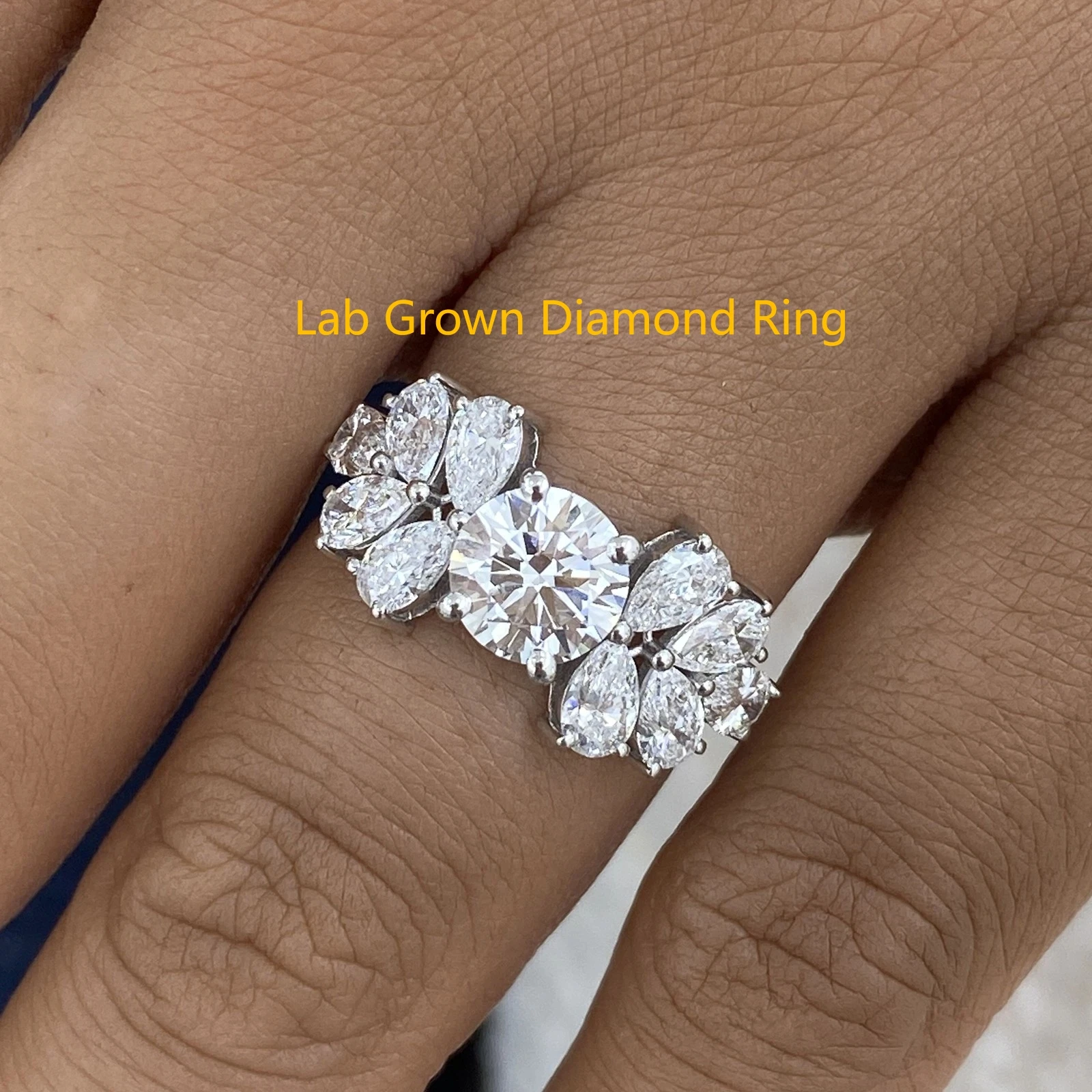 Solid Platinum 950 Cluster Ring 2.5ctw Round 1CT With IGI & Pear Lab Grown Diamond DEF VS-VVS CVD HPHT Wedding Band For Lady