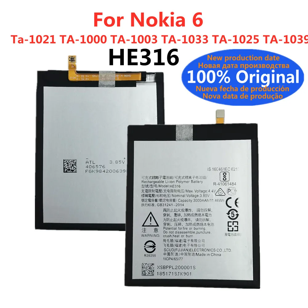 HE316 Original Battery For Nokia 6 Nokia6 Ta-1021 TA-1000 TA-1003 TA-1033 TA-1025 TA-1039 High Quality Replacement Batteries