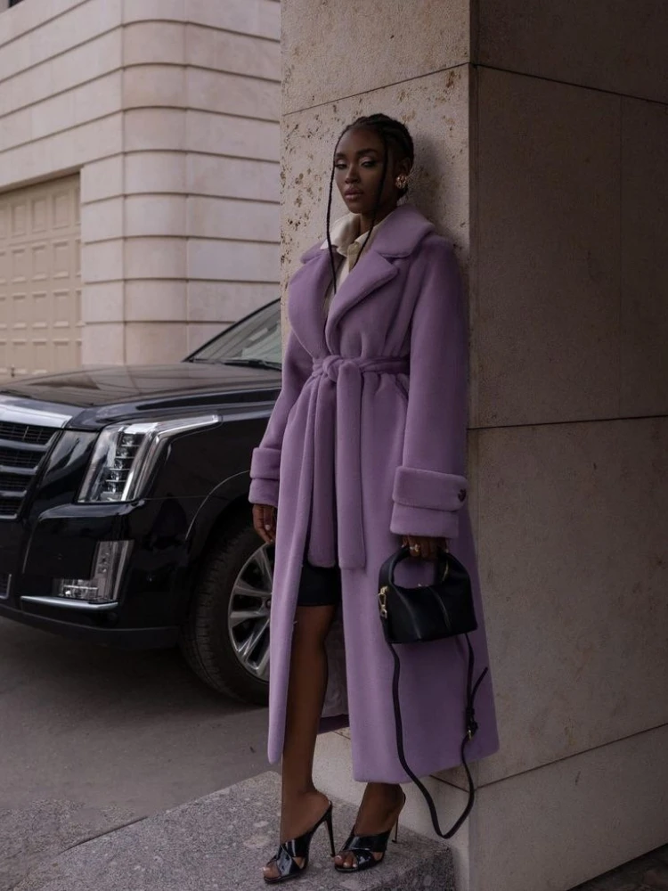 Luxury Brand Winter Faux Rabbit Fur Coat Women Long Fur Coat Thick Warm Soft Belt Trench Coat Lapel Overcoat Fluffy Jacket Trend