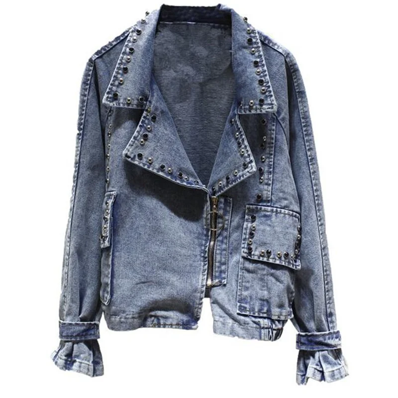 

2023 Spring Autumn New Women Korean Loose BF Student Hong Kong Wind Beaded Suit Collar Retro Denim Jacket Female Jacket Coat