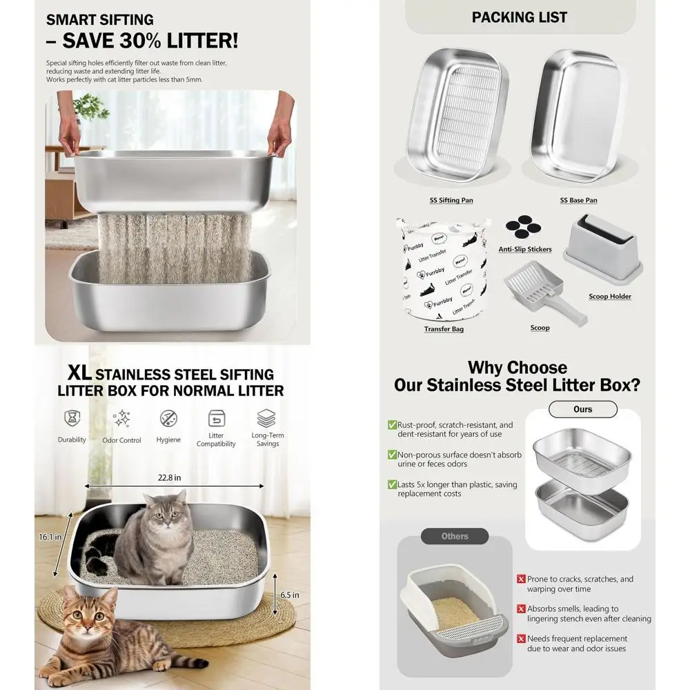 

Extra Large Stainless Steel Litter Box with Lid and Scoop for Big Cats, Multi-Cat Use, Odor Control, Easy Clean (22.8x16.1x6.5 i