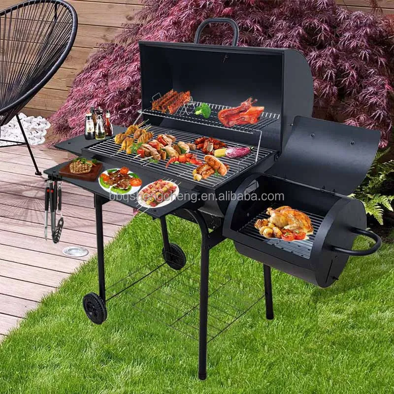 Modern Heavy Duty Steel Powder Coated Large Cooking Area Charcoal Grill with Offset Chimney Double Desk Trolley Barbecue
