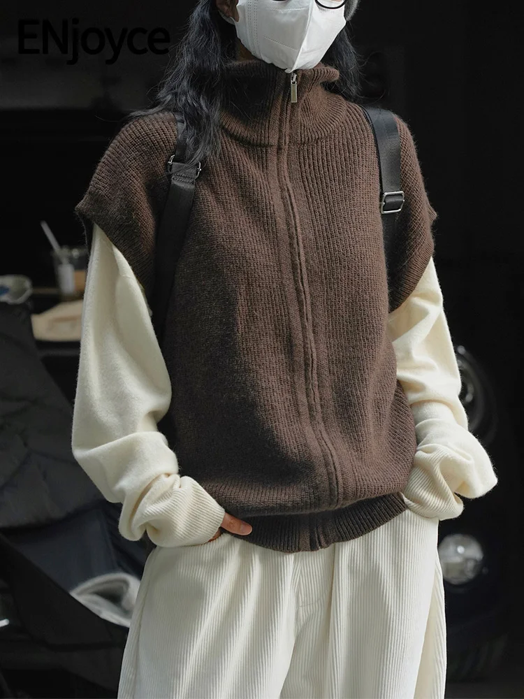 

ENjoyce Winter Women Vintage High Neck Wool Warm Knitted Vest Zip Up Sleeveless Sweater Korean Fashion Wide Shoulder Knitwear