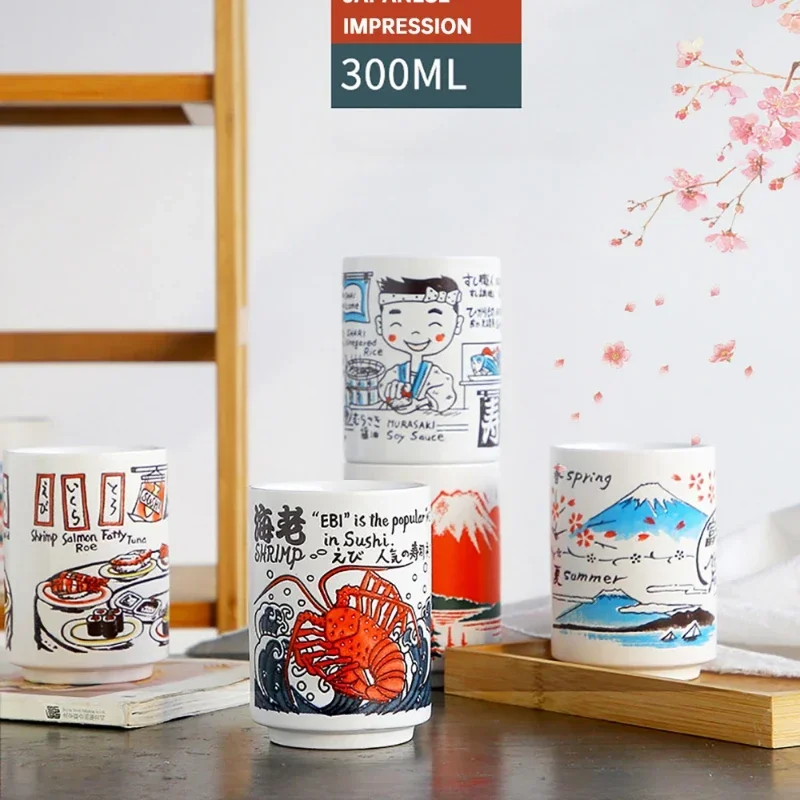 Japanese Impression Ceramic Mugs 300ml Tea Wine Sushi Sake Cup Funny Family Restaurant Decoration Travel Gift for Friends