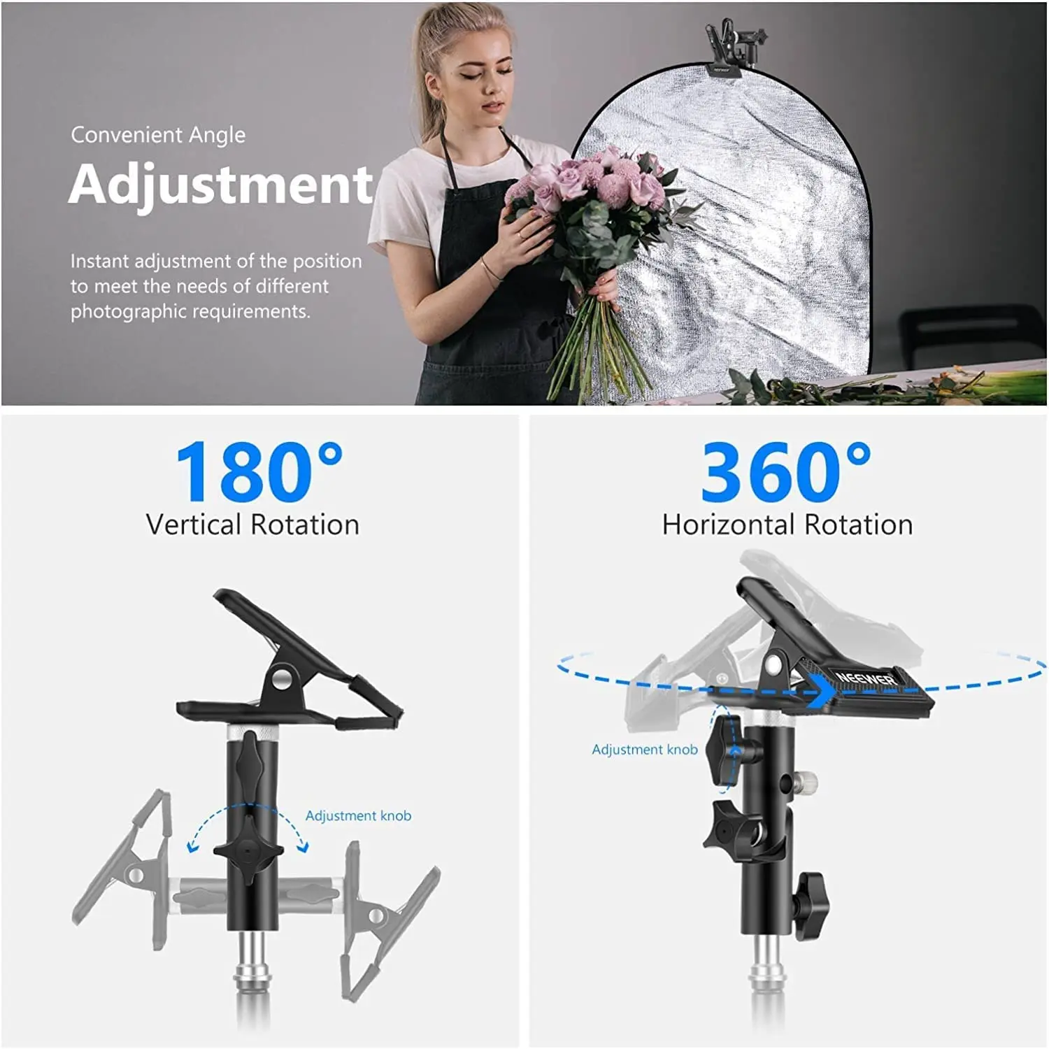 Neewer Photo Studio Heavy Duty Metal Clamp Holder and Cold Shoe Adapter for Clamping Reflector or Flash and Umbrella