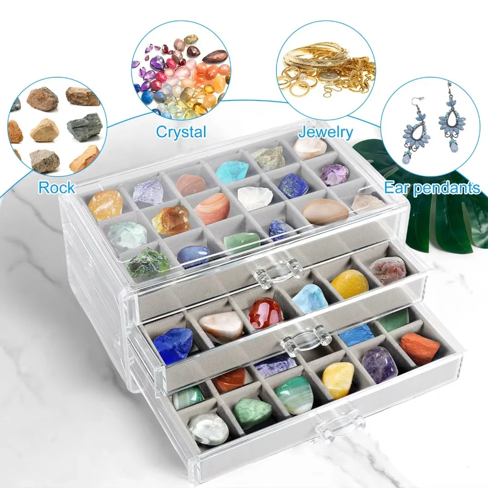 

New 3 Floors Rock Display Case Visible Multi-function Rock Collection Display Smooth Surfaces Crystal Display Shelf