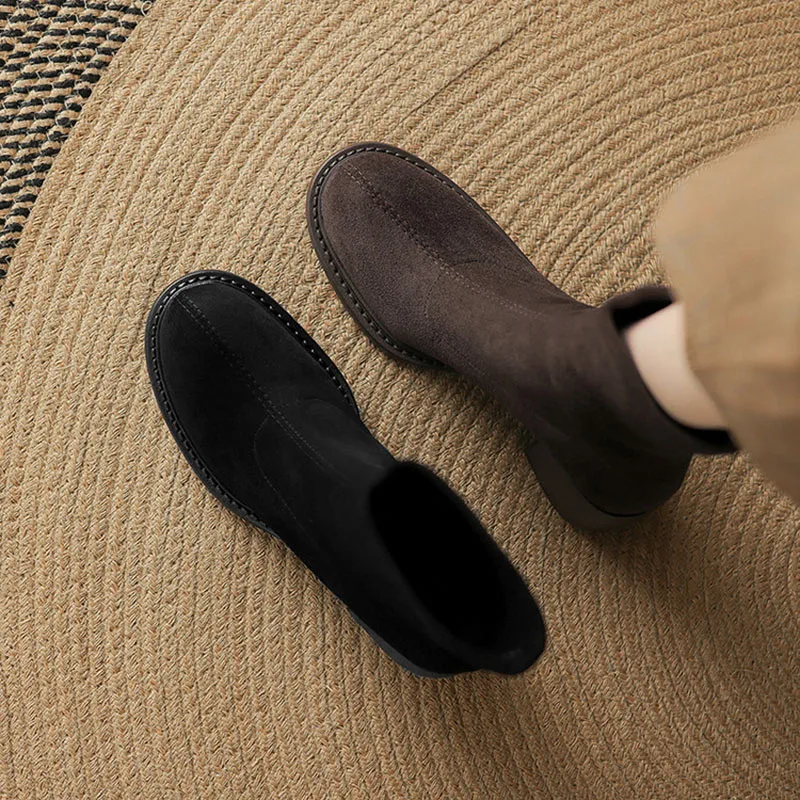 

Бархатные эластичные короткие сапоги Phoentin для женщин, осенняя женская обувь с круглым носком 2024, лаконичные туфли на массивном каблуке FT4177