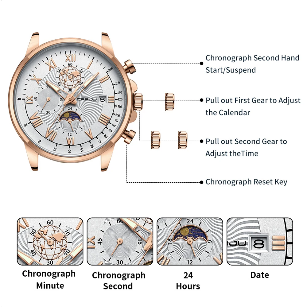 Часы CRRJU наручные кварцевые, модные деловые многофункциональные светящиеся водонепроницаемые, с Луной и звездами, подарок на день отца