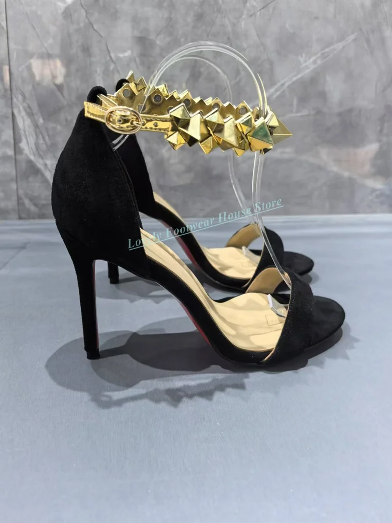 

Luxury Gold Chain Ankle Strap Woman Black Velvet Thin High Heel Sandal Shoes Female Buckle Party Sandal Shoes