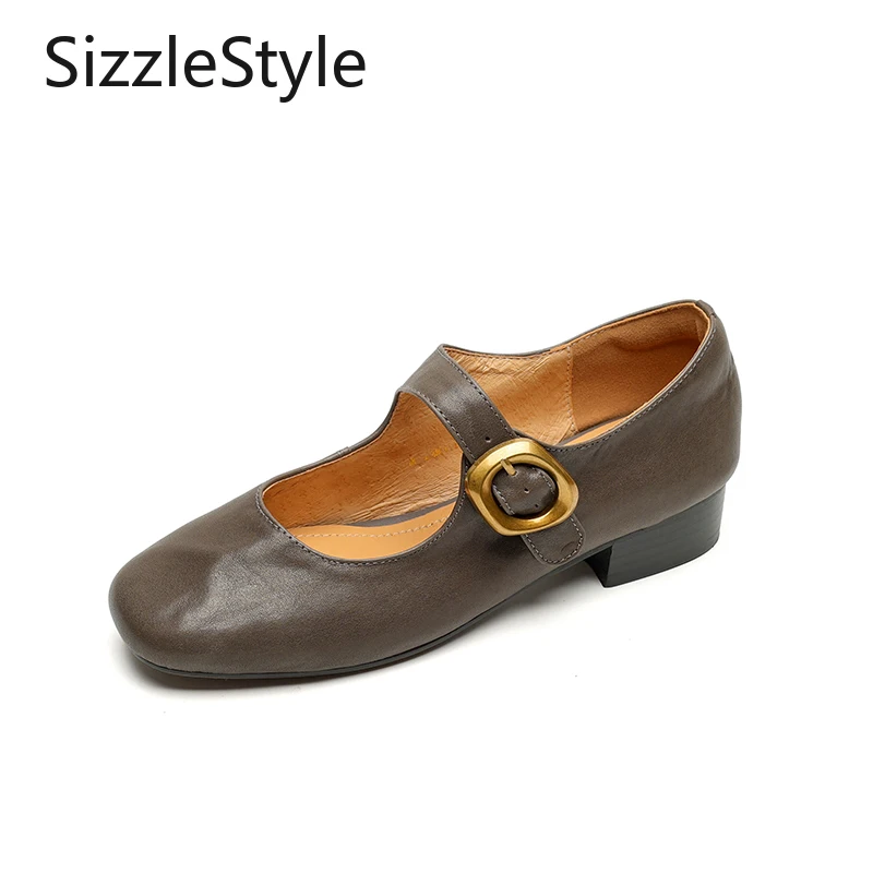 

Women's Distressed Horse Leather Mary Jane High Heels Square Toe T-Strap 2cm Thick Heel Simple Solid Color Retro Style