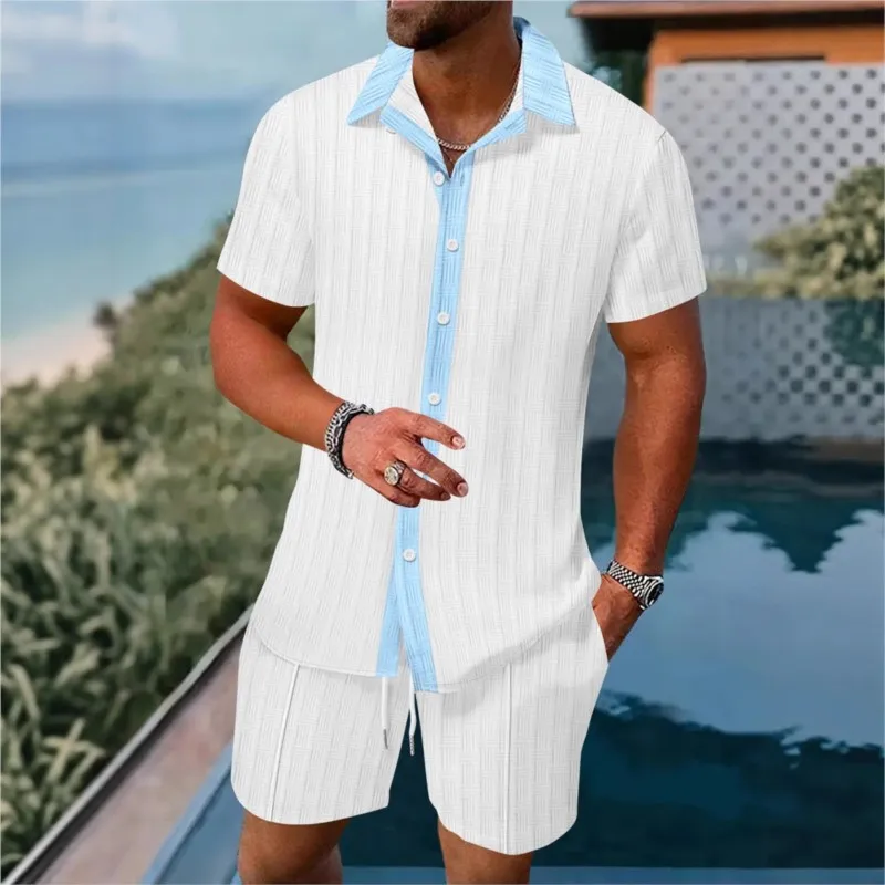 

2025 Hawaii Men's Jacquard Tops+shorts Sets Summer New Beach Sport Casual Suits Shirts Pants 2-Piece Fashion Men's Clothing