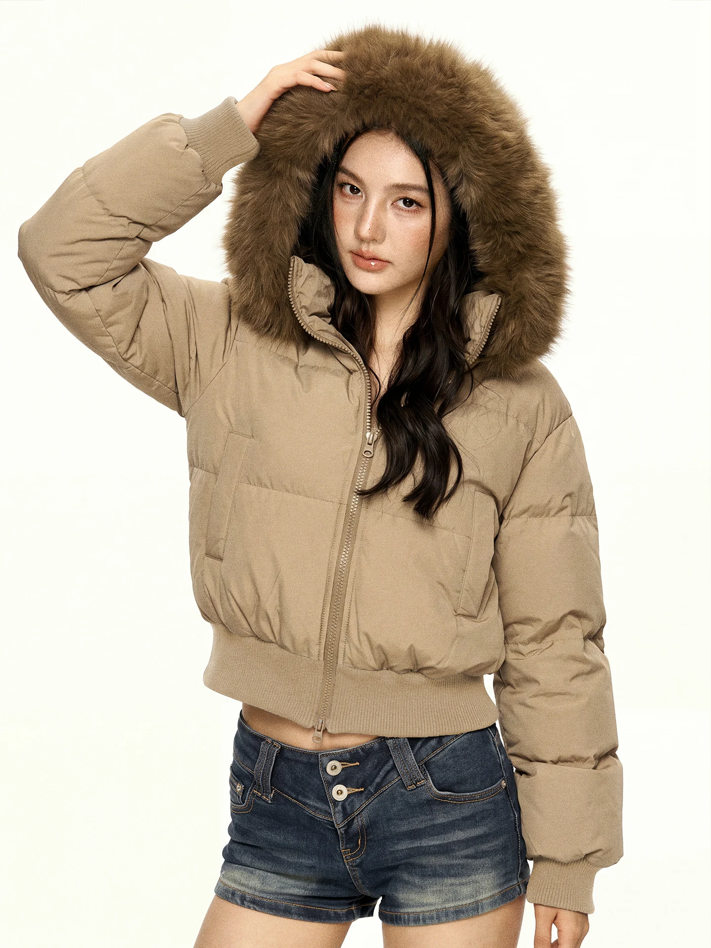 Aaisup Hooded down Jacket Women's Winter Warm Short Waist Cinched White Duck Feather Coat Stylish Versatile Fur Collar Outerwear