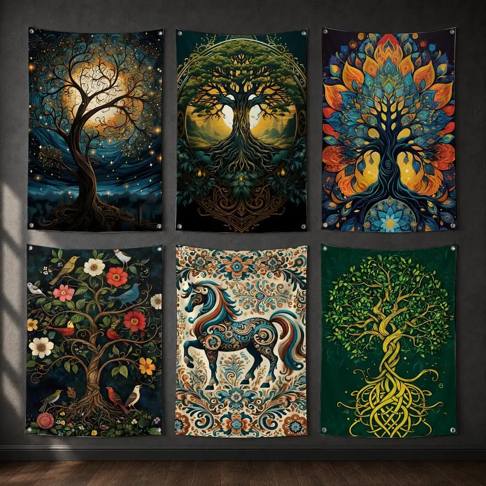 Indian Tree of Life Ethnic Folk Art Flags Tapestry Polyester Digital Printing Banner For Garage Wall Art Out Door Decoration
