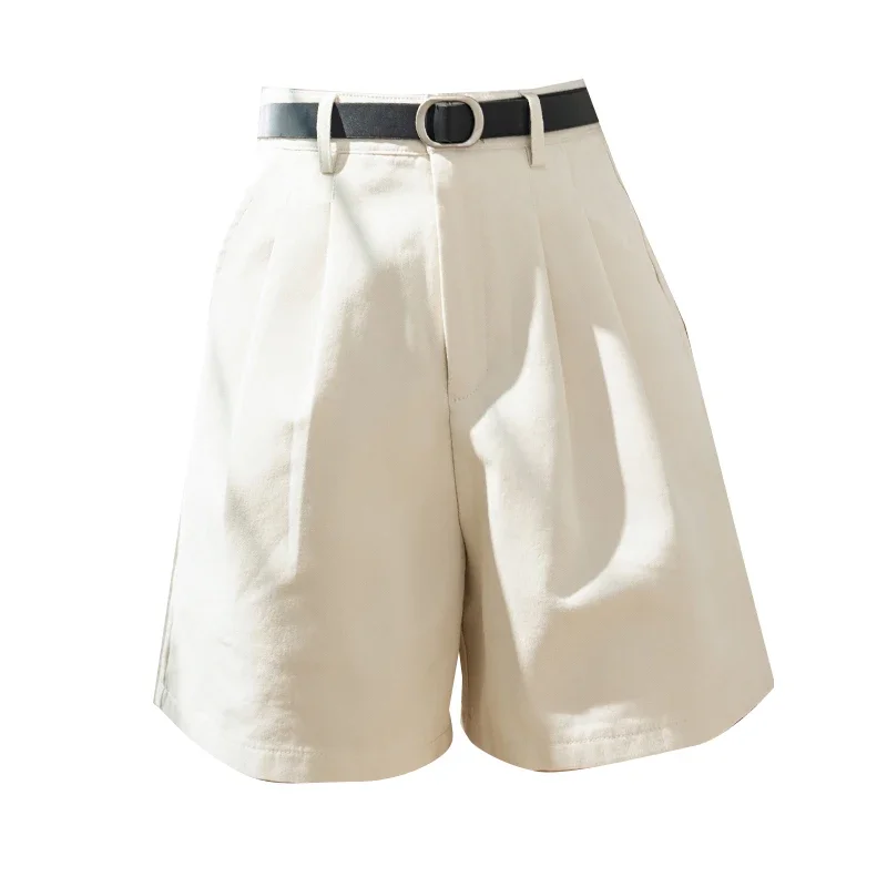 Pop Beige Sommer Shorts mit weitem Bein für Frauen, hohe Taille, lockerer Freizeitanzug, Stoff, Bermuda, weibliche knielange Hose