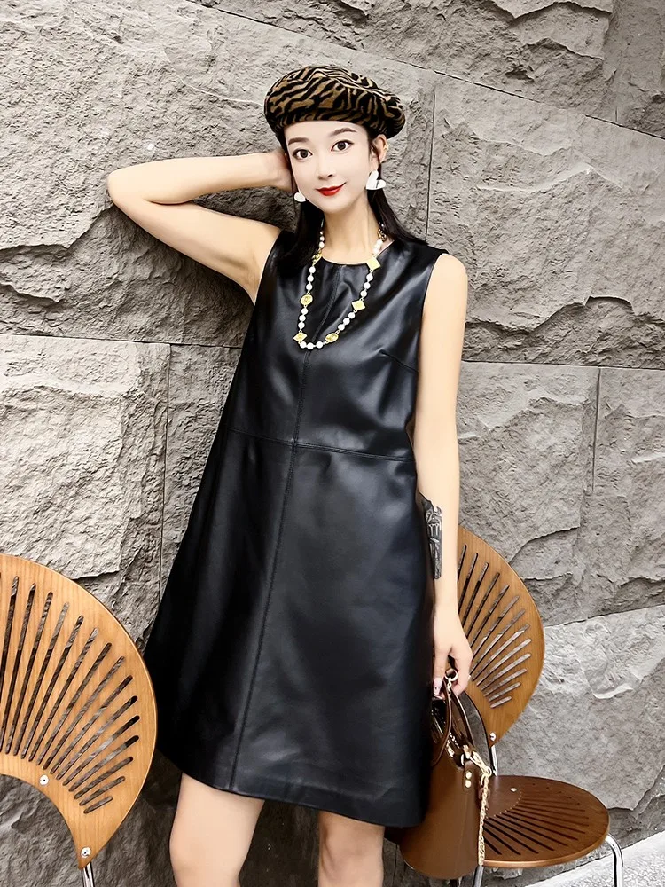 Women Casual A-Line Genuine Leather Dress Summer Sleeveless Loose Fit Natural Sheepskin Tank Dress O-Neck Female Short Dresses