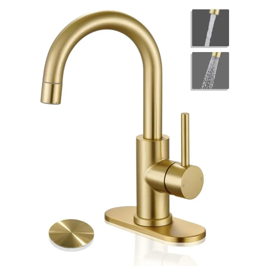 

Золотой смеситель для ванной комнаты, матовый золотой смеситель для мокрой кухни для раковины с 1 или 3 отверстиями, смеситель для раковины в ванной комнате с настильной пластиной и Spra