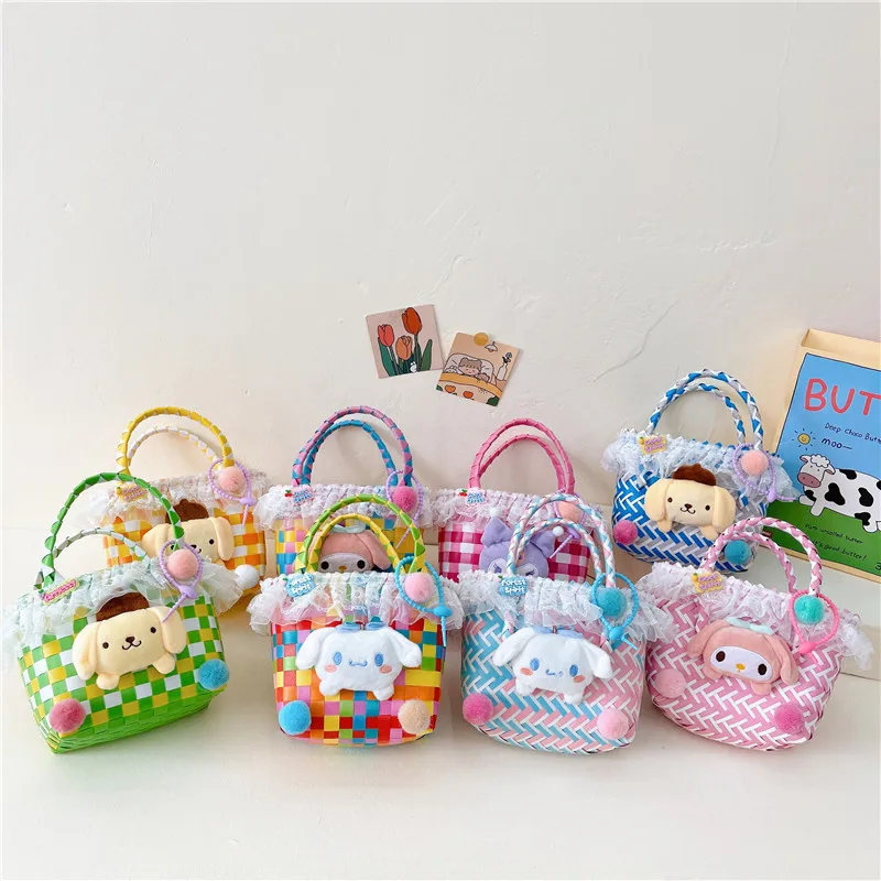 

Sanrio Kawaii Cinnamoroll Anime Children Shoulder Bag Cute Sweet My Melody Kuromi Cartoon Weaving Handbag Lovely Gifts for Girls