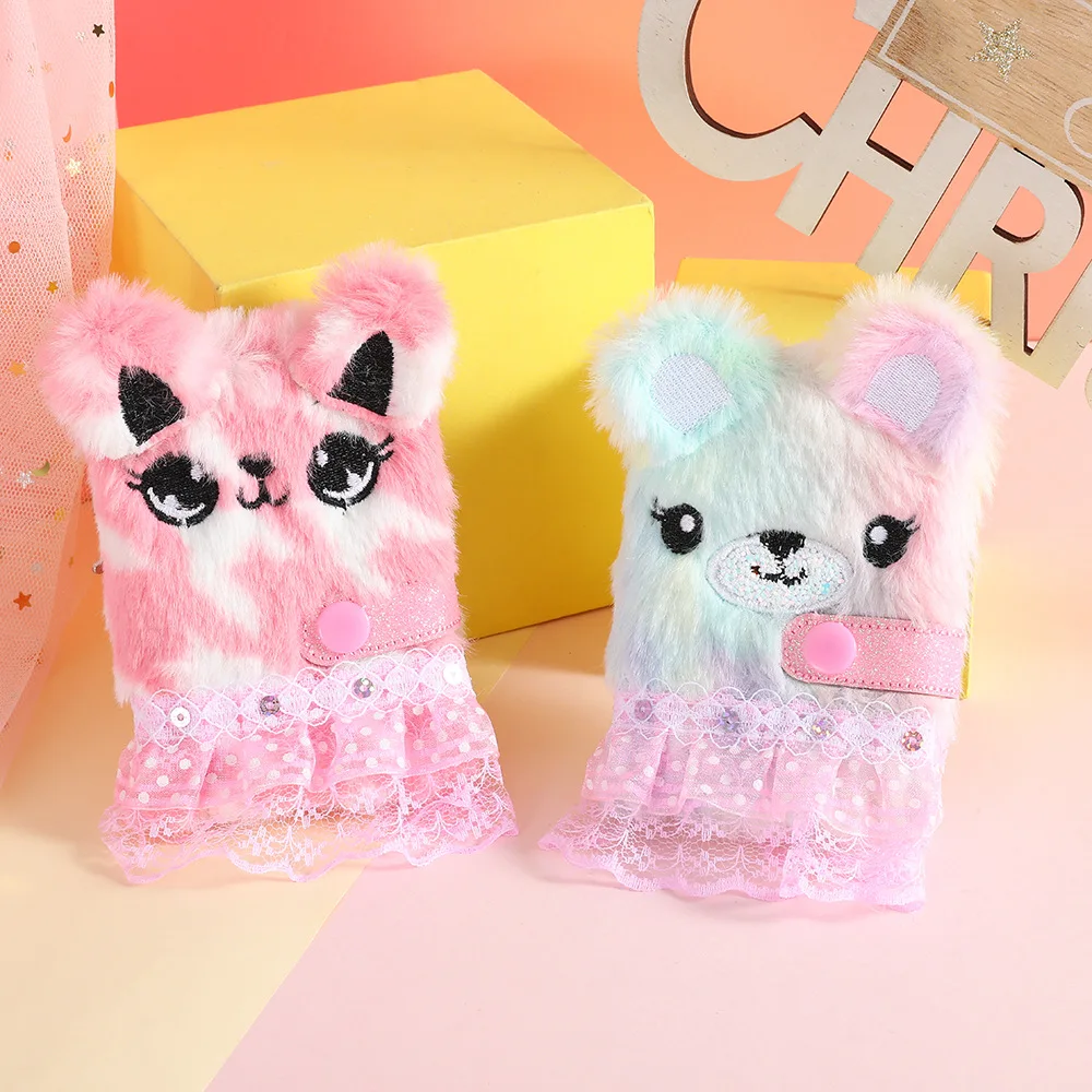 Girl Cartoon Plush Notebook Cute Cat Pink Dress Mini Note Book Princess Kawaii Pendant Notebooks Stationery Supplies