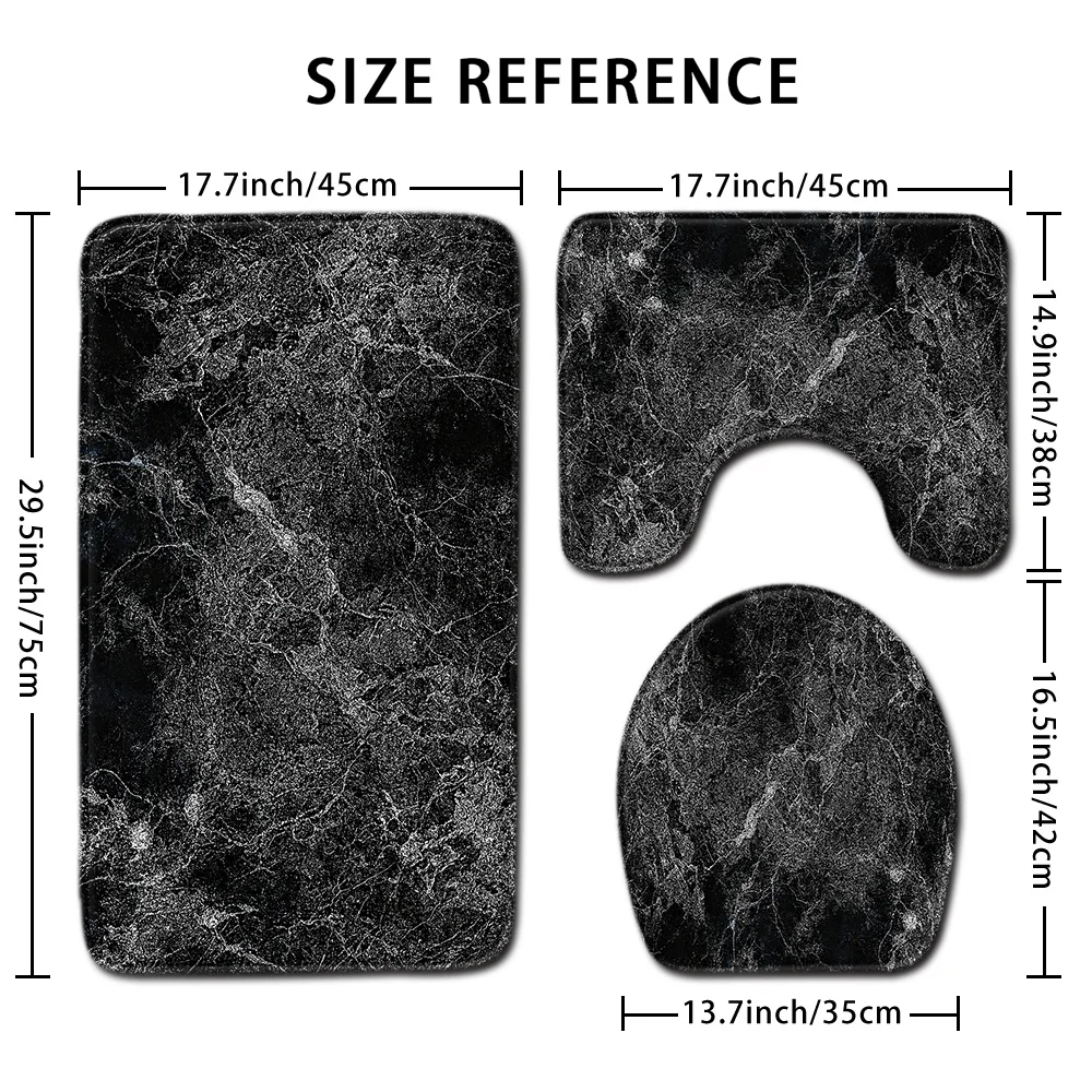 

3PCS Black Marble Pattern Bathroom Set Non Slip Toilet Lid Cover Floor Mat U Shaped Rug Home Decor
