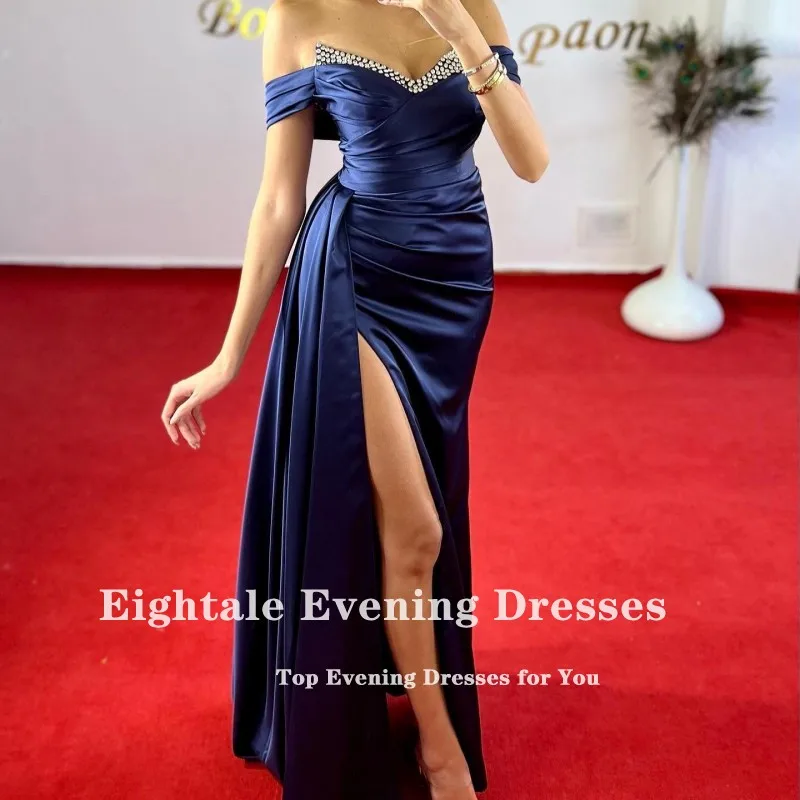 Eightale Navy Blue Evening Dress for Wedding Party V-Neck Beaded off Shoulder Mermaid Arabic Slit Customized Formal Prom Gowns