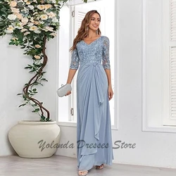 Modern V Neck Mother of The Bride Applique Lace A Line Formal Wedding Guest Dresses Ankle Length Lace-Up Back Evening Gowns