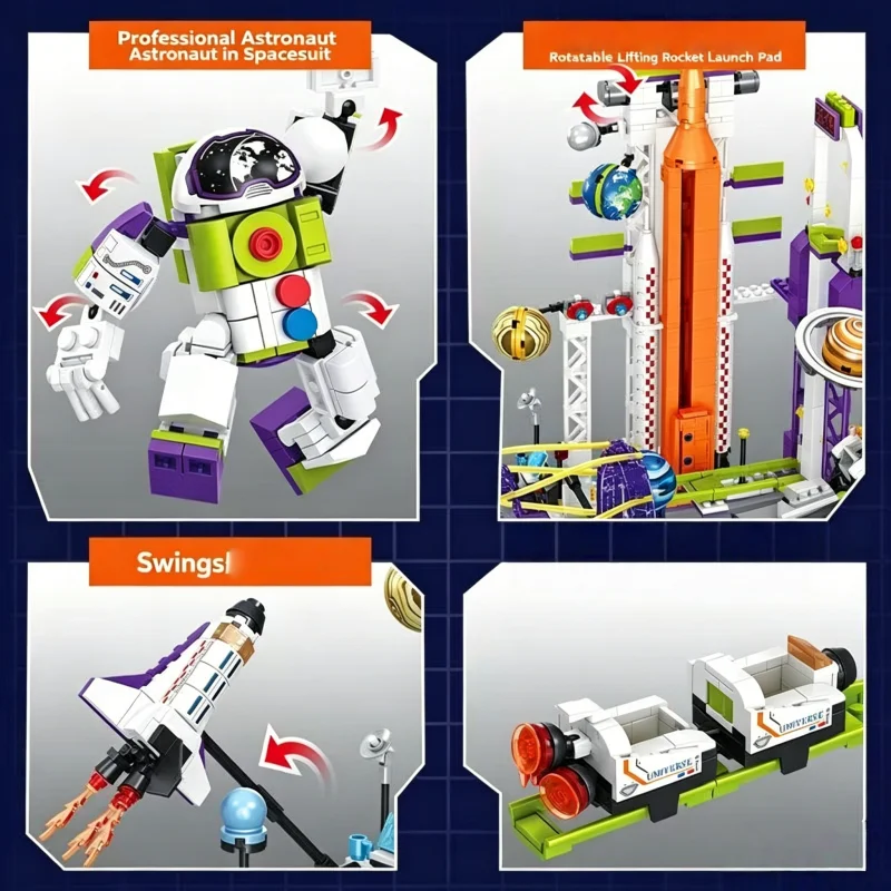 Space-themed roller coaster building blocks, solar system assembly set, ring orbit construction kit, rocket tower assembly block view 6