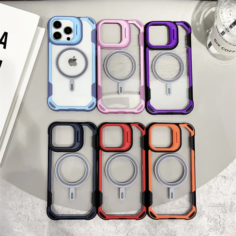 Military Armour Transparent Magnetic For Magsafe Phone Case for iPhone 13 14 15 16 Pro Max Lens Holder Splicing Color Back Cover