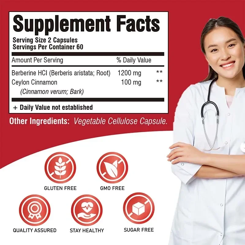 Berberine with Ceylon Cinnamon - Supports Immune System, Maintains Gastrointestinal Health, Healthy Weight Management, Non-GMO