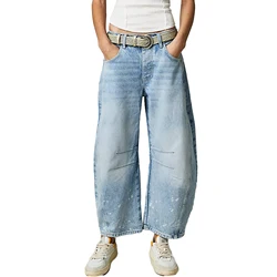 Kadın Baggy orta bel kot geniş bacak gevşek erkek arkadaşı Denim pantolon düz bacak kırpılmış varil kot Y2k Streetwear 90s kot