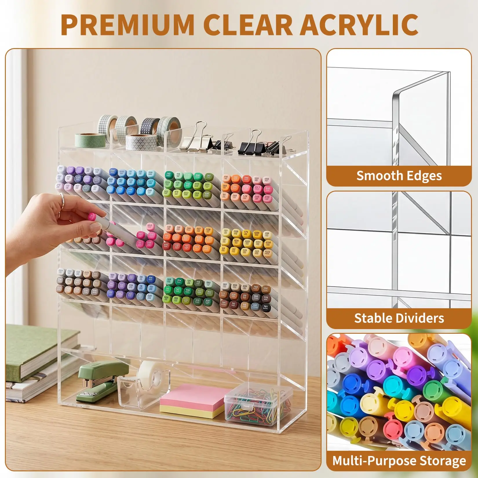 Acrylic Pen Holder Multi Compartment Marker Organizer Clear Desk Marker Display Storage Rack 1Pc For Office Art Supplies Makeup Lipsticks