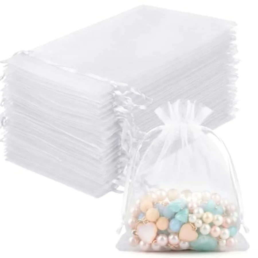 100 Pcs White Organza Bags 3x4 in, Small Mesh Drawstring Gift Bags for Sachet, Jewelry, Wedding Favor, Candy Goodie Treat Bag,