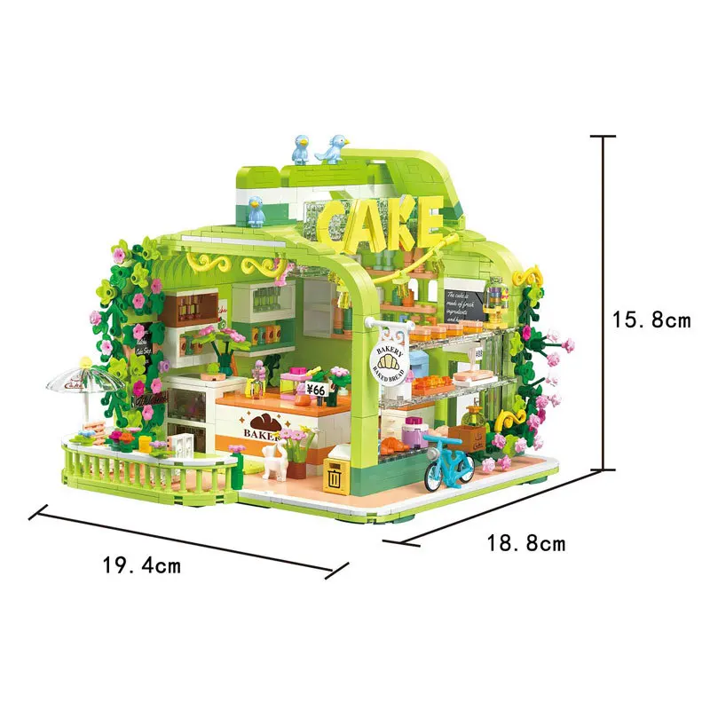 Creative Spring Cake Shop Mini Block City Street View Bakery Architecture Figures Building Bricks Toys With Light For Gifts